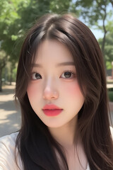 Obraz premium Asian Beautiful Female taking a Selfie Photo - Profile Picture - Young Woman outside on Sunny Day in the City - Eastern Lady in Fashionable Clothing - Modelling for Camera Social Media