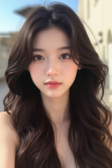 Naklejka premium Asian Beautiful Female taking a Selfie Photo - Profile Picture - Young Woman outside on Sunny Day in the City - Eastern Lady in Fashionable Clothing - Modelling for Camera Social Media