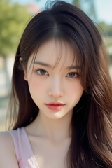 Fototapeta premium Asian Beautiful Female taking a Selfie Photo - Profile Picture - Young Woman outside on Sunny Day in the City - Eastern Lady in Fashionable Clothing - Modelling for Camera Social Media