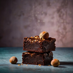 A chocolate cake with nuts and walnuts on it