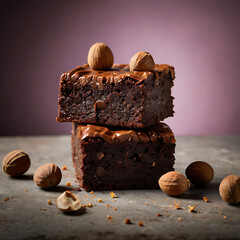 A chocolate cake with nuts and walnuts on it