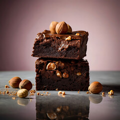 A chocolate cake with nuts and walnuts on it