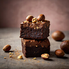 A chocolate cake with nuts and walnuts on it