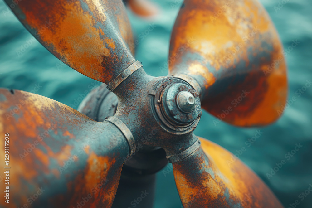 Poster rusty propeller, weathered by time and sea, showing intricate details and texture.