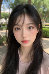 Obraz premium Asian Beautiful Female taking a Selfie Photo - Profile Picture - Young Woman outside on Sunny Day in the City - Eastern Lady in Fashionable Clothing - Modelling for Camera Social Media