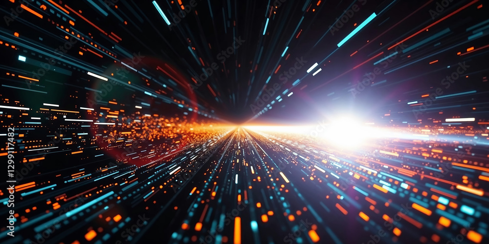 Poster data stream flowing into bright light source in cyberspace