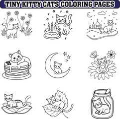 Tiny cats coloring pages, kitty coloring page, cat coloring page, bold and easy coloring pages, line art illustration, black and white