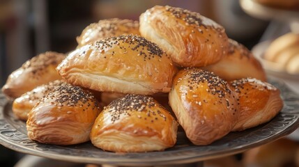Fresh baked bread rolls, golden brown crust, sesame seeds, poppy seeds, artisanal bakery, rustic metal tray, warm tones, soft lighting, close-up photography, food styling, appetizing.