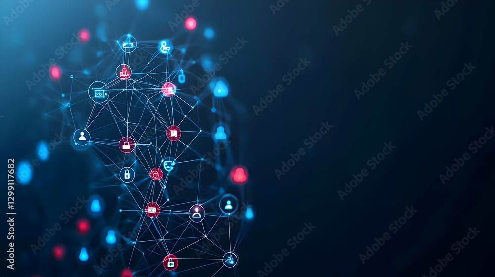 Poster abstract network connectivity graphic representing digital communication and data exchange on a blue