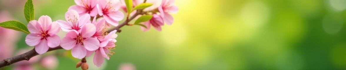Soft pink cherry blossoms against light green foliage, nature, floral background