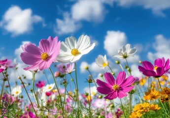 Fototapeta premium Vibrant Cosmos Flowers in a Sunny Meadow Under a Bright Blue Sky with Fluffy Clouds