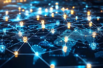 A futuristic global business network with interconnected nodes representing customer service