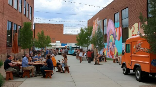 Vibrant Outdoor Food Truck Festival in Urban Courtyard