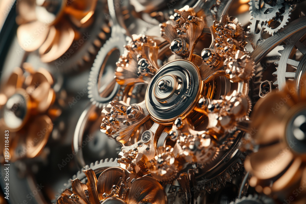 Poster intricate clockwork mechanism with ornate, rose gold gears interlocked in a complex design.