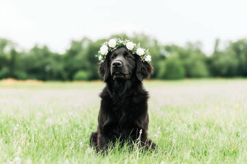 Black dog in flower crown sitting in meadow