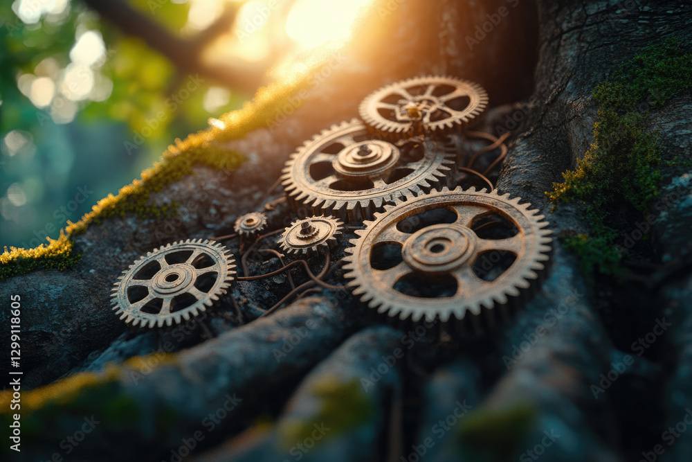 Poster Interlocking gears nestled within a tree's roots, symbolizing nature's intricate mechanisms.