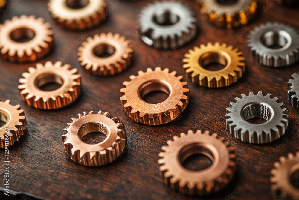 Poster close-up of various metallic gears arranged on a dark wooden surface, showcasing intricate details a