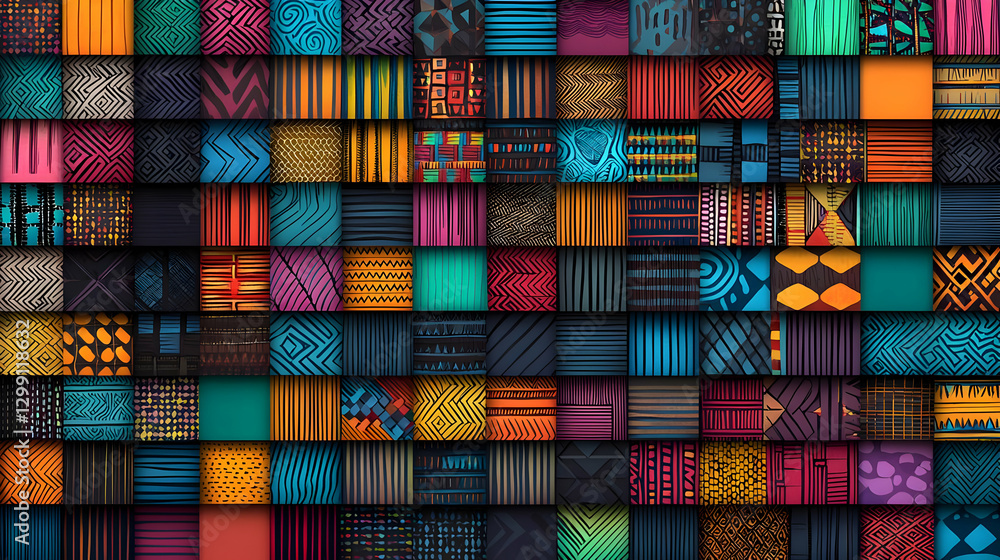Poster abstract mosaic tile arrangement with diverse geometric patterns and vibrant colors creating a detai