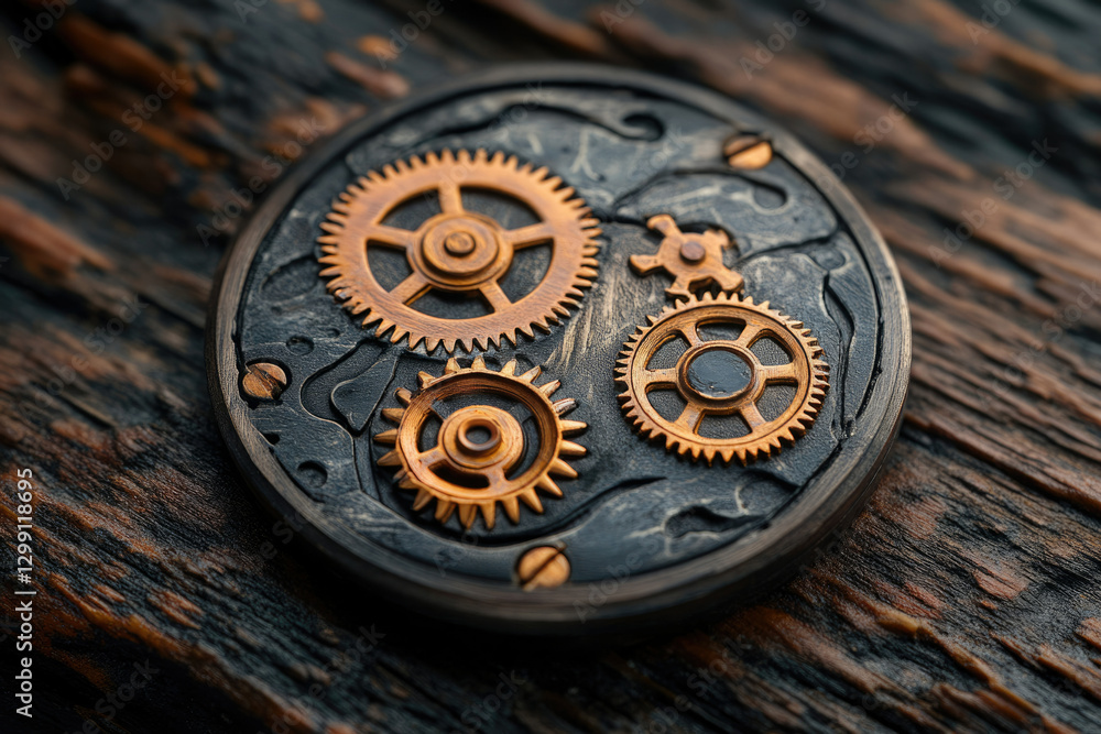 Poster close-up of intricate golden gears on a dark, textured surface, showcasing precision engineering.