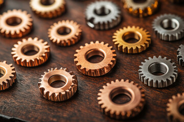 Close-up of various metallic gears arranged on a dark wooden surface, showcasing intricate details and different colors.