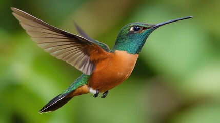 Fototapeta premium Rufous-tailed hummingbird in mid-air, hovering against a lush green backdrop
