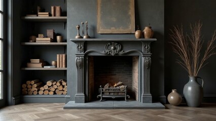Elegant dark gray fireplace mantelpiece with burning fire, decorative vases, and antique books on built-in shelving
