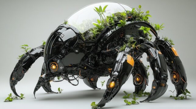 Futuristic robotic creature with terrarium, studio shot