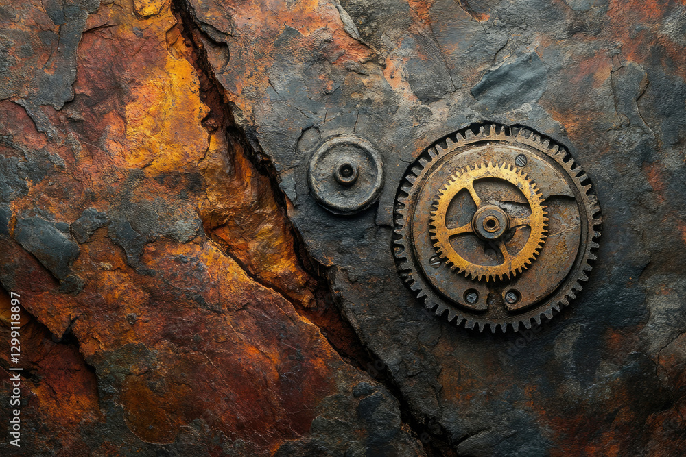 Aufkleber Rusty metallic texture with intricate clockwork gears, showcasing a blend of age and precision.