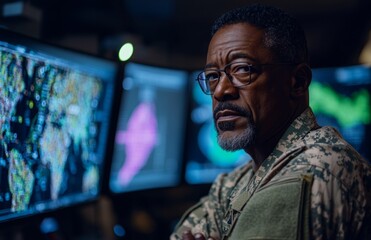 African American Military Officer at Air Base Command Center with High-Tech Uniform