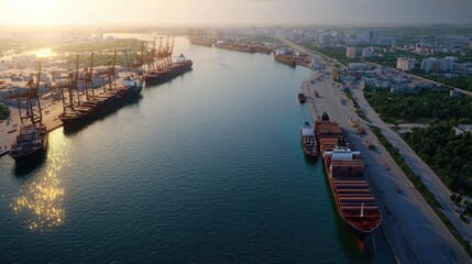 Eco-friendly hydrogen-powered cargo ships at modern port urban setting aerial view sustainable transport practices