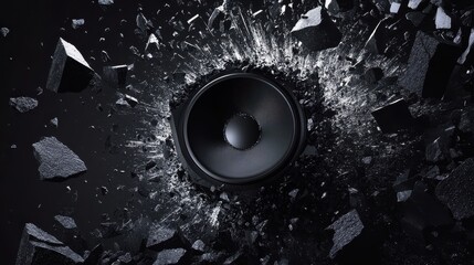 A dynamic explosion of sound featuring a black speaker at the center, surrounded by debris, evoking energy and power.