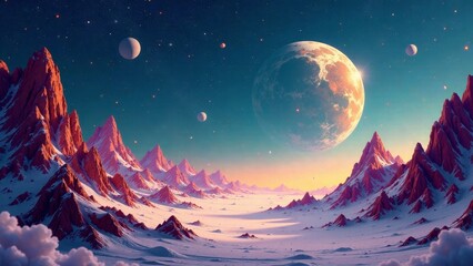 A Serene Alien Landscape Featuring Snow-Covered Mountains and a Giant Planet in the Twilight Sky
