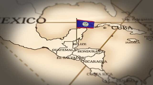 Belize flag showing on world map with 3D rendering