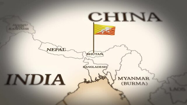 Bhutan flag showing on world map with 3D rendering