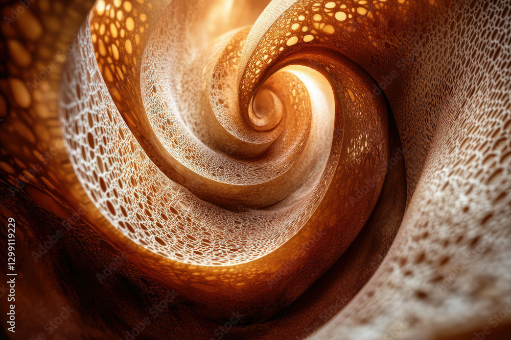 Poster abstract swirling spiral of textured, porous, golden-brown material, creating a mesmerizing depth an