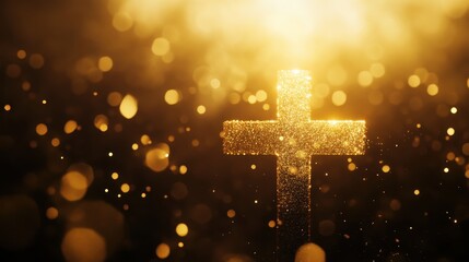 A shimmering golden cross stands out against a background of sparkling light, symbolizing faith and spirituality.
