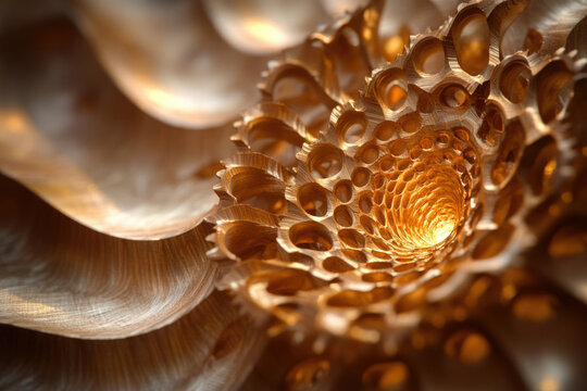 Intricate golden structure resembling a flower with a glowing center, showcasing detailed fractal patterns and textures.