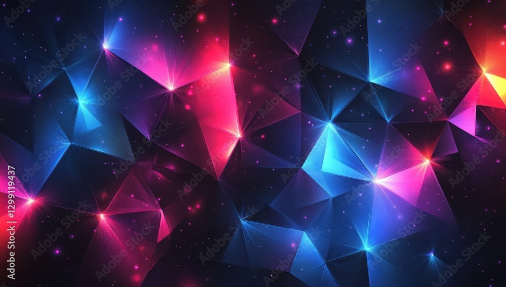Poster vibrant geometric abstract design with colorful light reflections and sparkling stars in dark backgr