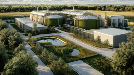 Anaerobic digestion biogas systems. A realistic image showcasing an anaerobic digestion plant setup.