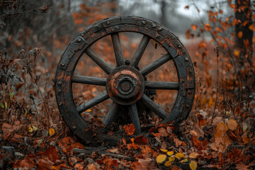 Fototapeta premium A weathered wooden wagon wheel rests amidst fallen autumn leaves, evoking a sense of age and tranquility.