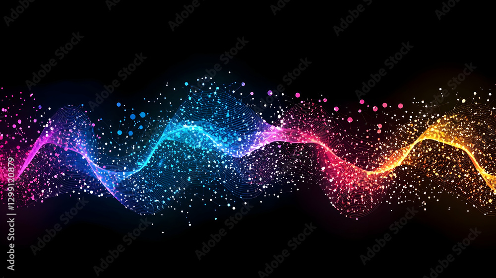 Poster abstract colorful wavy particle stream on dark background with bright glowing light