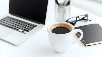 White Workspace With Laptop Coffee Mug Notebook And Glasses on a Bright White Desk