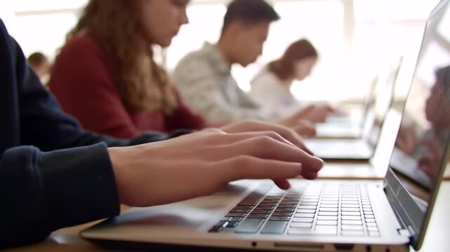Close up of boy hands typing on laptop in classroom. A multi-ethnic group of high school students using computers. Digitized education and technology. Generation z and study academies. Copy space.