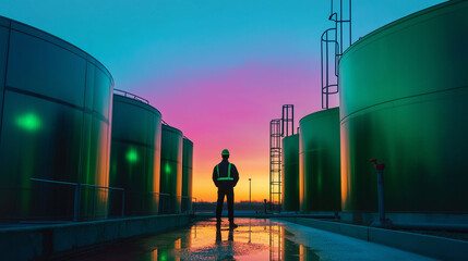 Anaerobic digestion biogas systems. Engineer monitoring biogas production in anaerobic environment.