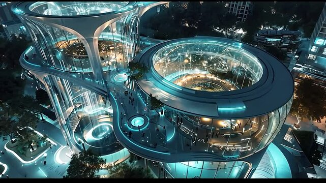 Futuristic architectural marvel bustling with people at night in a vibrant urban setting