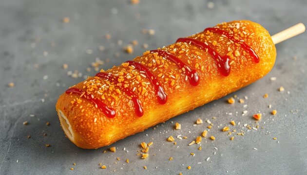 Delicious corn dog with ketchup street food culinary delight urban setting close-up tasty treats