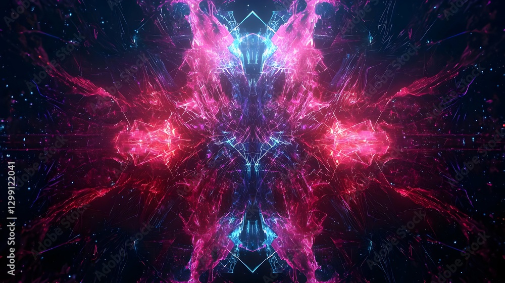 Poster abstract digital display of energy flows in vibrant purple and blue colors with dynamic particle eff
