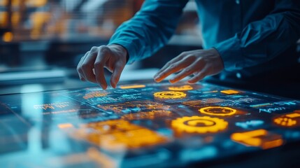 Naklejka premium Hands interact with glowing digital interface in a modern workspace full of technology
