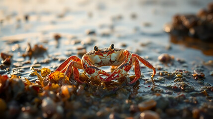 Fototapeta premium Crab sitting on algae early in the morning on the Mediterranean sea coast