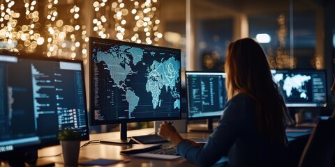 Smart meeting room hot desk. A person analyzes data on multiple monitors in a dimly lit room adorned with fairy lights, showcasing a world map and coding information.